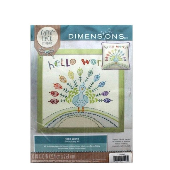 Hello World Peacock Embroidery Kit Dimensions New 10" x 10" Cathy Heck Studio - Picture 4 of 6